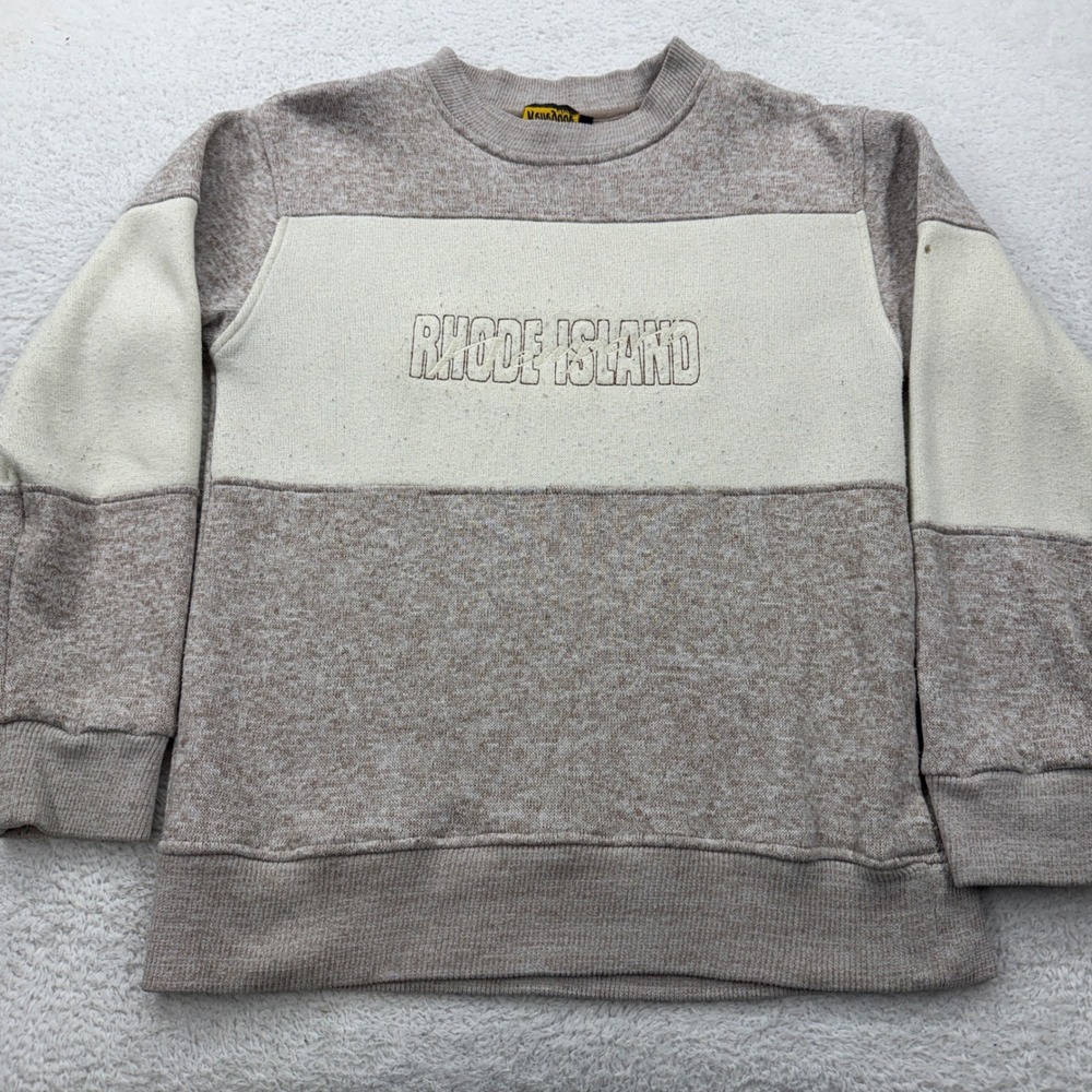 VTG Renegade Club Mens Crewneck Sweatshirt Rhode Island‎ Graphic Patchwork Tan S